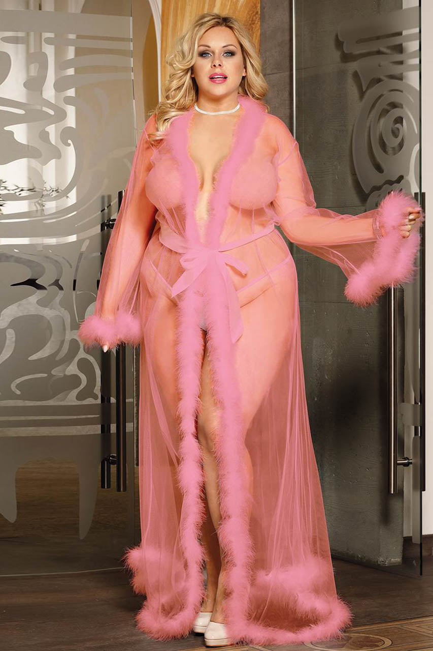 3wishes.com Plus Size Lingerie - Plus Size Deluxe Marabou Trim Robe - Premium Quality 3wishes.com